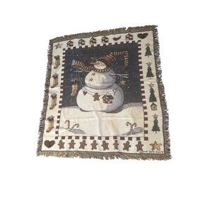 Sandra Gore Evans Woven Tapestry Throw Blanket Snowman & Cat Design 50"x60" Cott